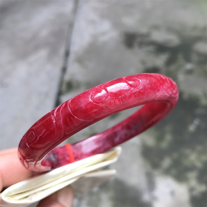 61mm Natural Icy Red Jadeite Jade Bracelet Myanmar Carving Jade Bracelet