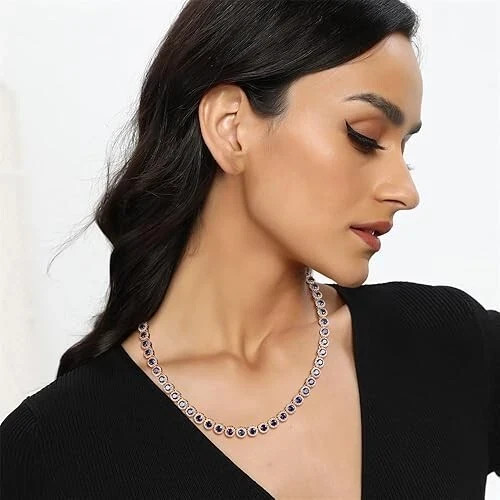 24Ct Round Cut Lab Created Blue Sapphire Tennis Necklace 14K Yellow Gold Plated
