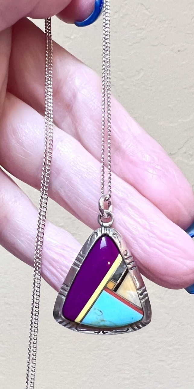 LOVELY Southwest Artisan Sterling Silver Turquoise, Sugilite, Etc Inlay Necklace