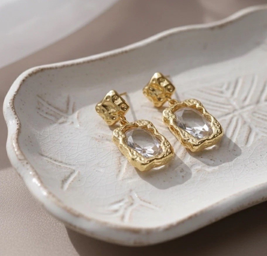 Molten Gold Earrings Hammered Crystal Clear Artisan VTG Fairycore Liquid Boho