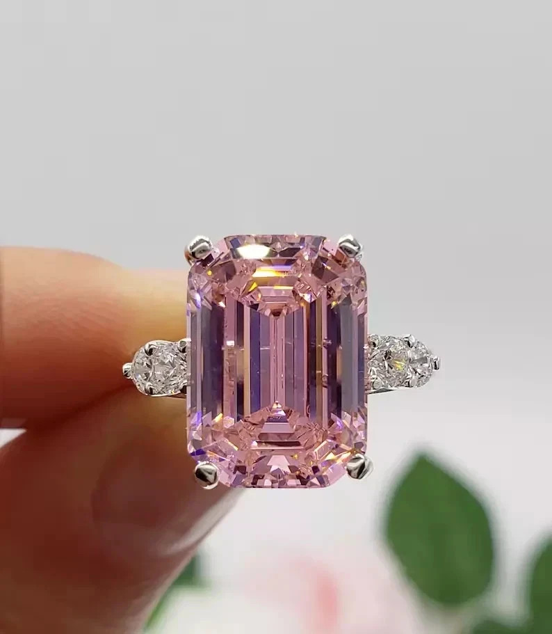 8Ct Emerald Cut Natural Pink Sapphire Diamond Wedding Ring 14K White Gold Plated