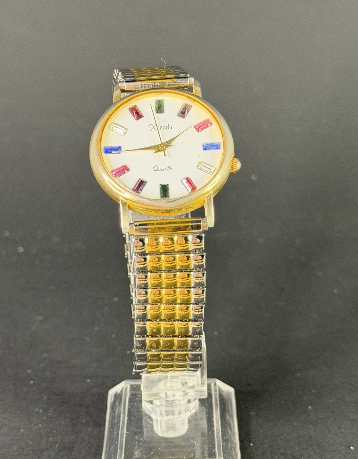 Xanadu Womens 34mm Gold Case NEW BATTERY White Rainbow Indices Expansion 753