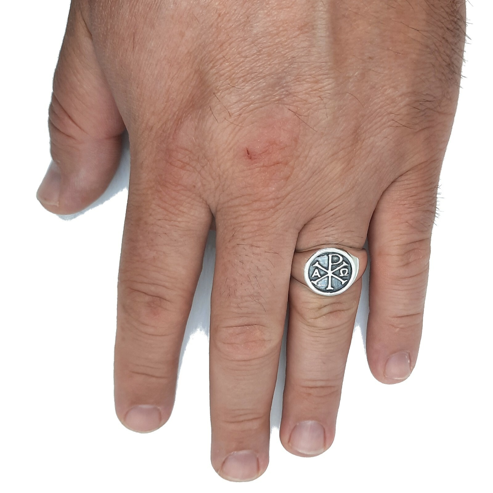 Genuine Sterling Silver Men Ring Chi Rho Alpha Omega Solid Stamped 925 Handmade