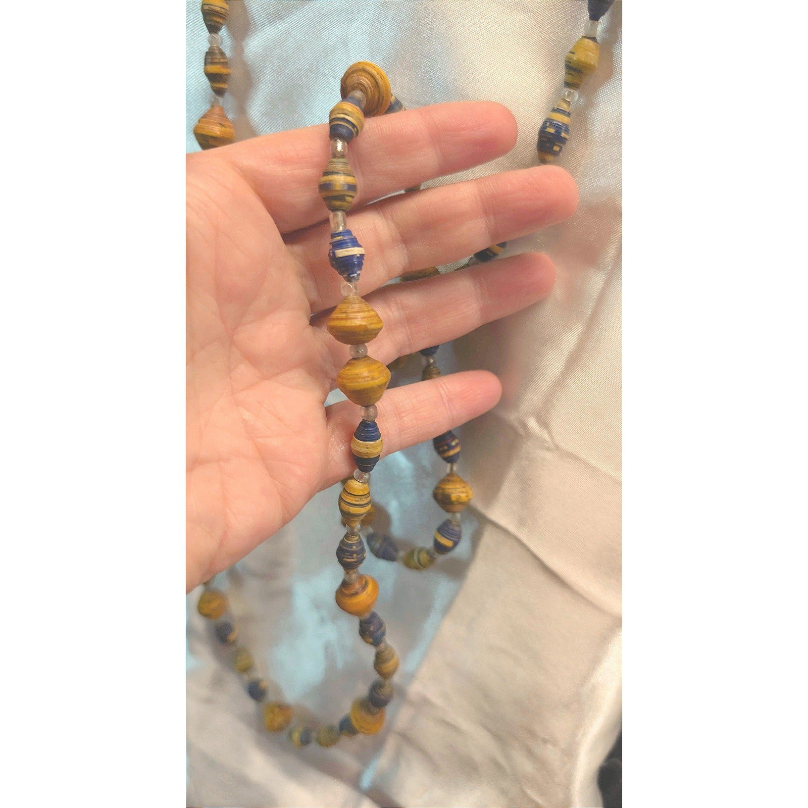 45″ Long Vintage Paper Bead Beaded Necklace 45″ Beige Blue Boho Green Red Brown