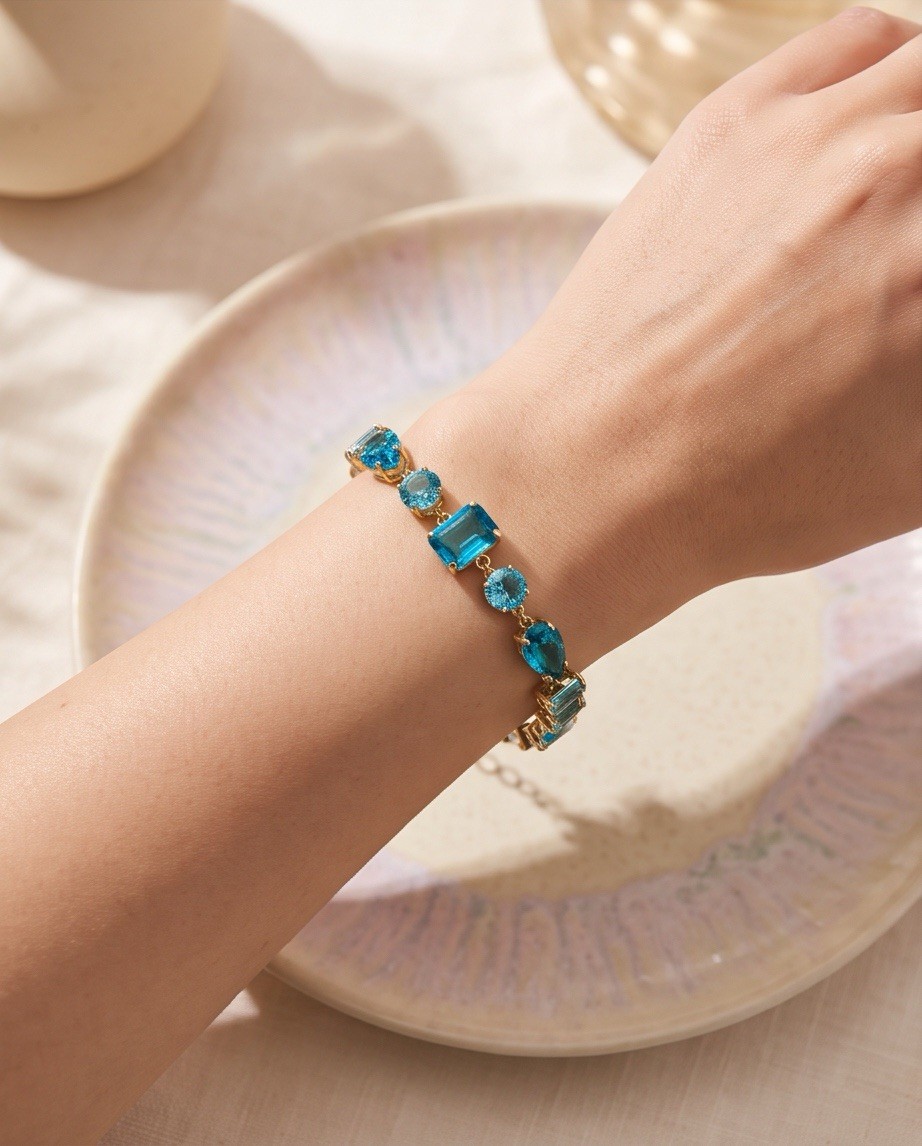 Gold Plated Multi-Cut Aquamarine Blue Cubic Zirconia Statement Bracelet