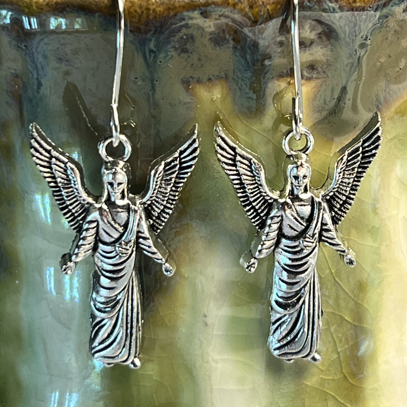 Silver Tone French Hook Etched Angel Charms Dangle Earrings. Heaven. S927