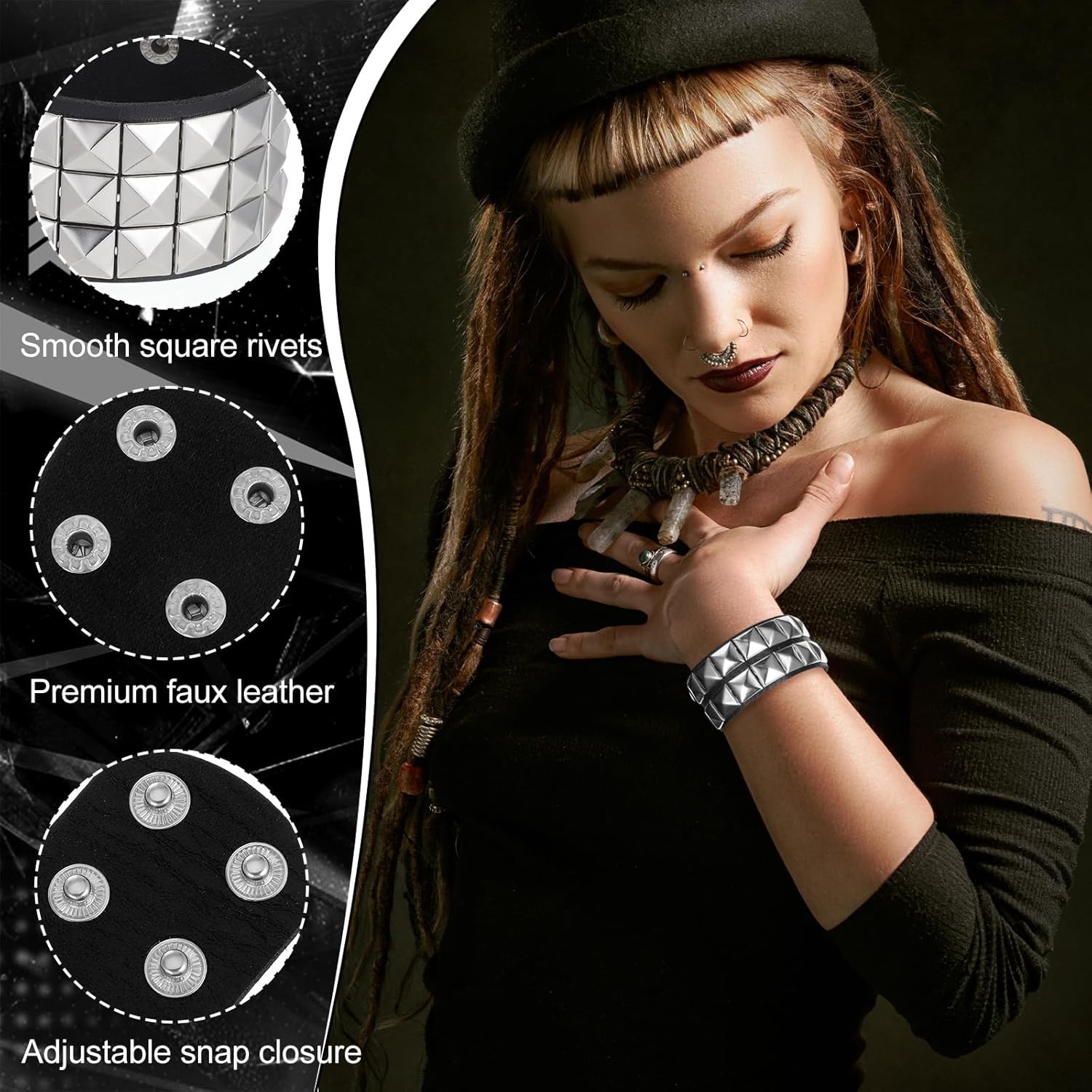 3PCS Studded Bracelet, Leather Bracelet for Men Women, Goth Studded Arm Band