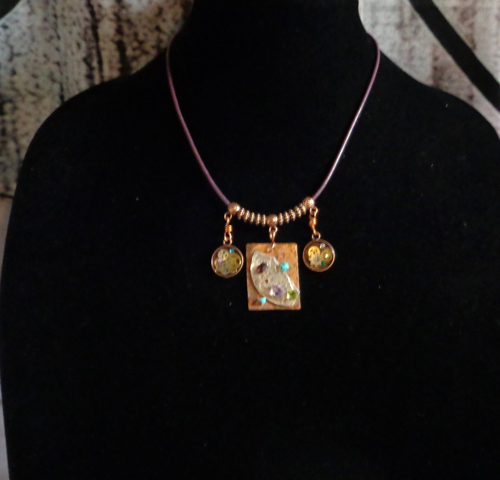 Artisan crafted,eclectic,18” necklace. Central handcrafted copper collage pendan