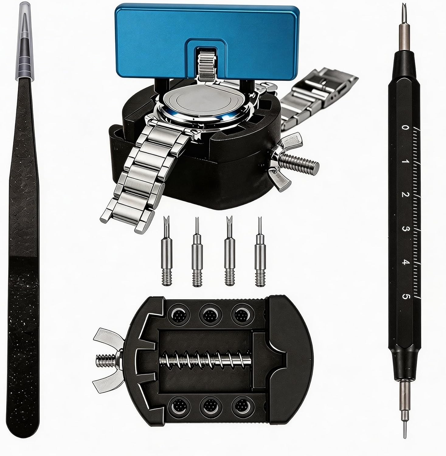 Universal Watch Repair Kit: Case Holder, Spring Bar Tool & Tweezers for Home Use