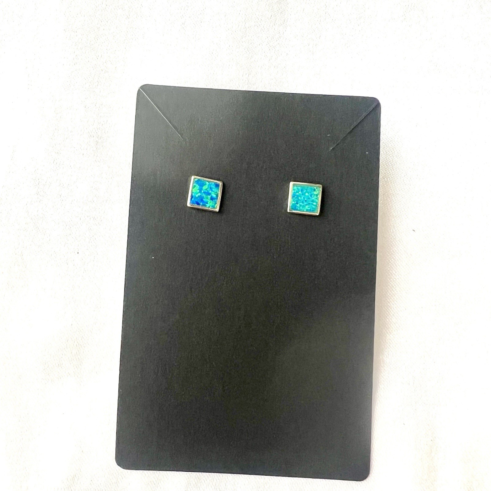 925 Sterling Silver Blue Fire Opal Square Stud Earrings 6mm 1/4” Star Hallmark