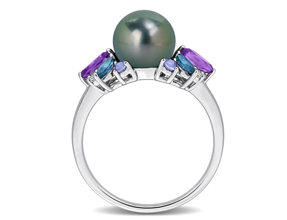 8-8.5mm Black Tahitian Pearl 7/8 Carats (ctw) Blue and White Topaz, Ring