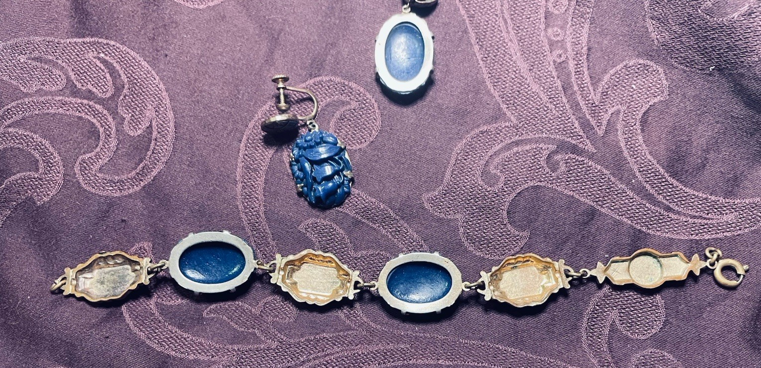 Antique Art Deco Blue Molded Glass Bracelet Screw Earrings Egypt Gold Tone Set