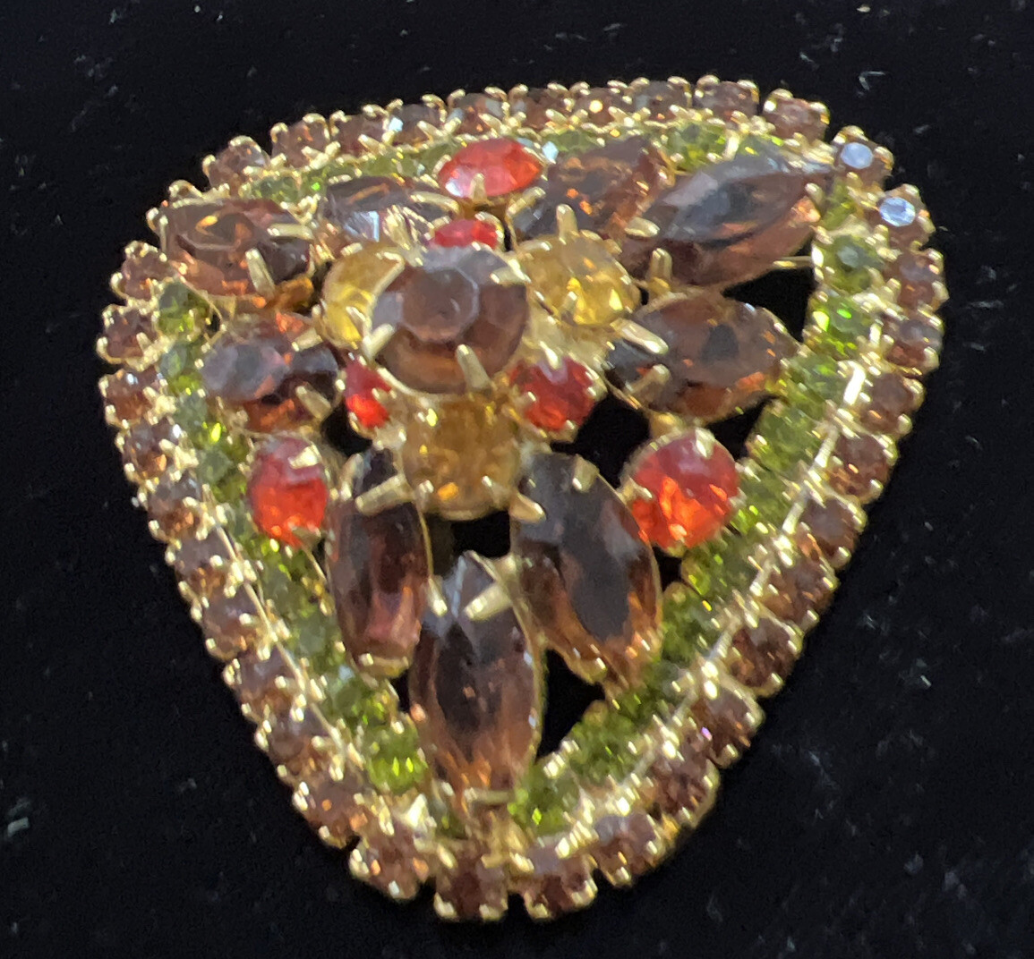 Juliana D&E Rhinestone Brooch Autumn Colors of Hyacinth Sable & Olivine Domed
