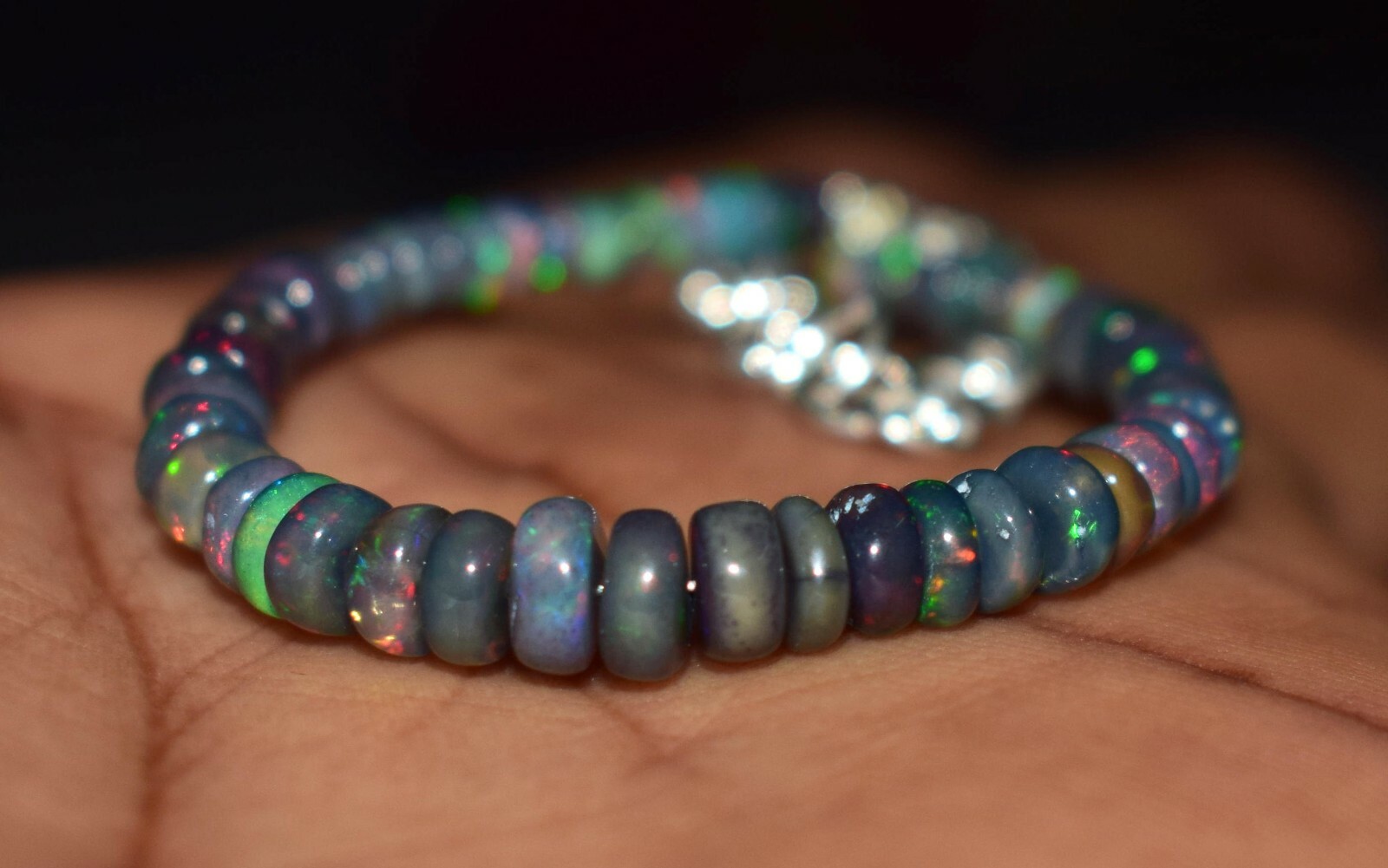 7.5″Natural Ethiopian Wello Fire Opal Gemstone Fire Black Beads Bracelet F01147