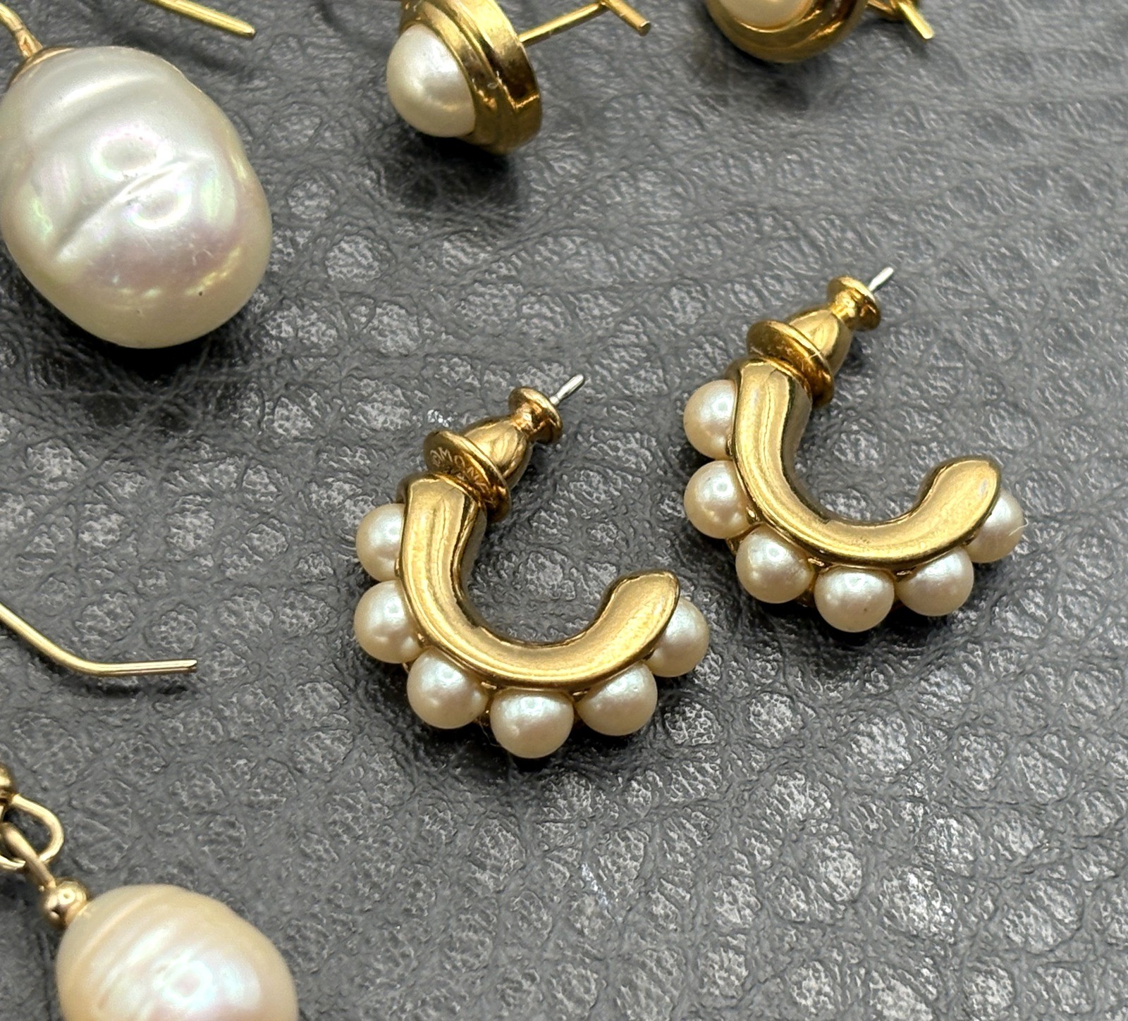 Lot Of 5 Pairs Gold Tone Pearl & Crystal Drop Dangle Hoop Earrings Set