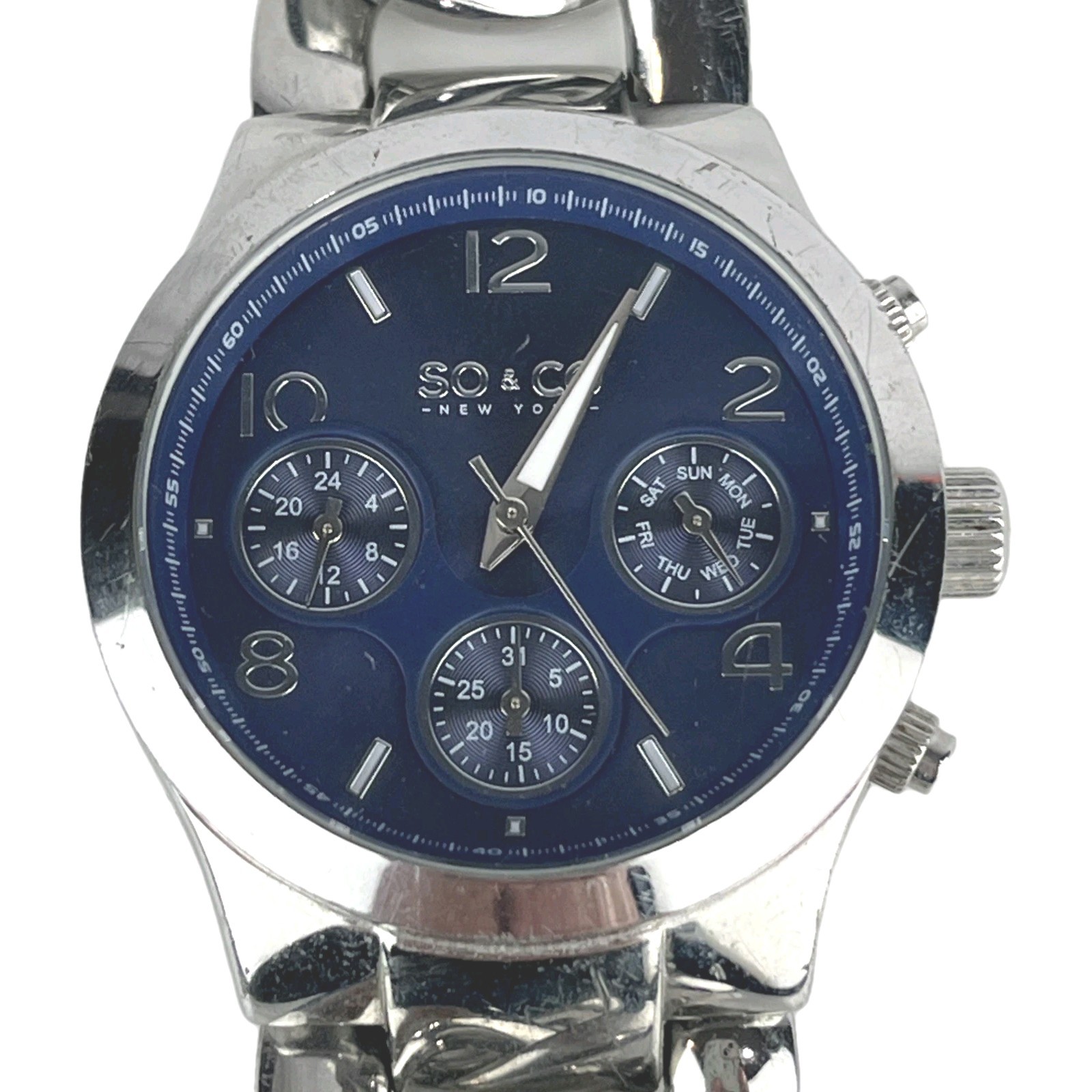 SO & CO Watch Women’s 38mm Silver Tone Purple Multi Dial Day Date New Battery