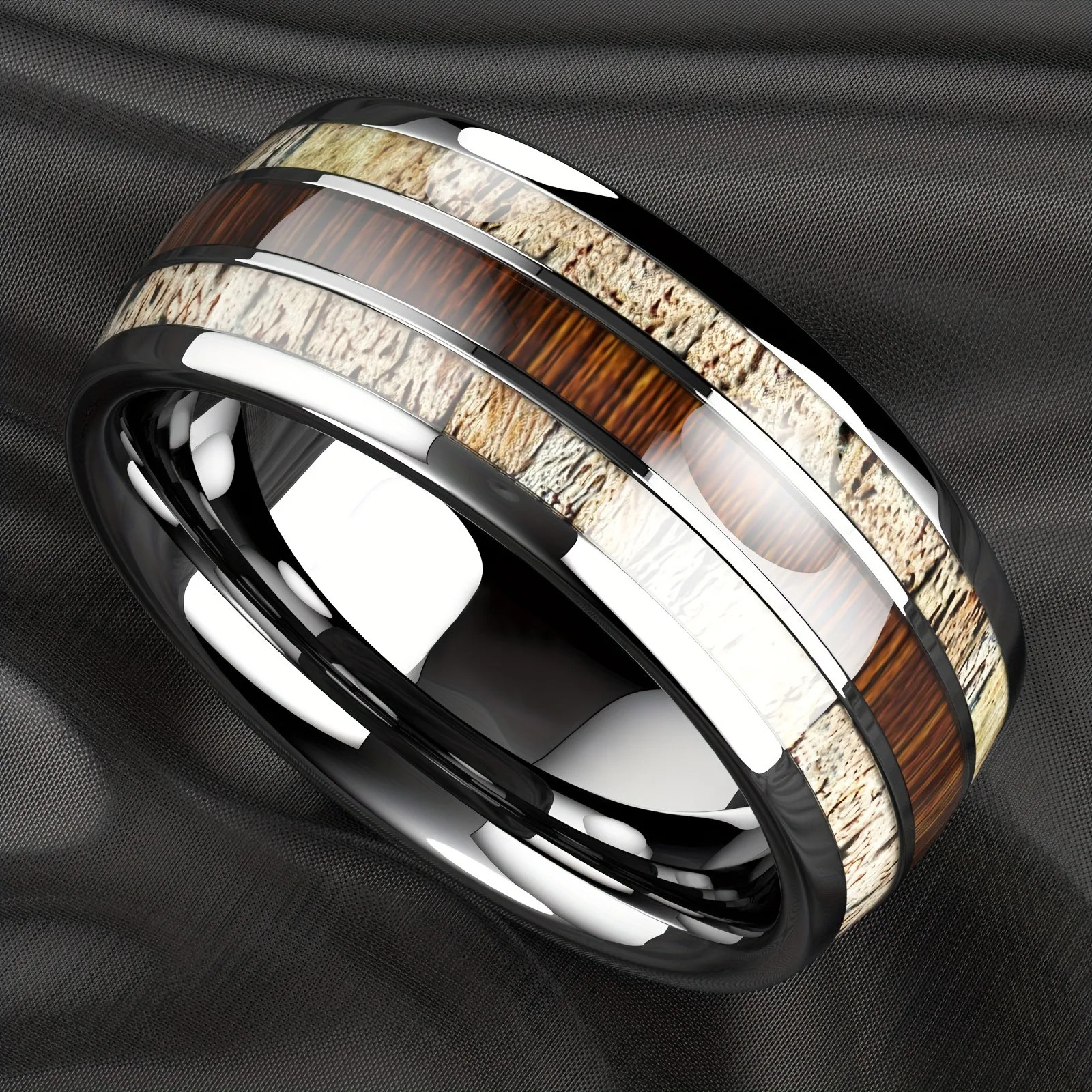 Stainless Steel Abalone Shell Ring 8mm Purple Polished Wedding Band Men