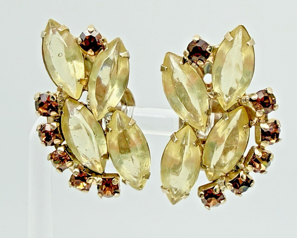 Vintage D&E Juliana Attributed Yellow Navette Topaz Rhinestone Clip Earrings