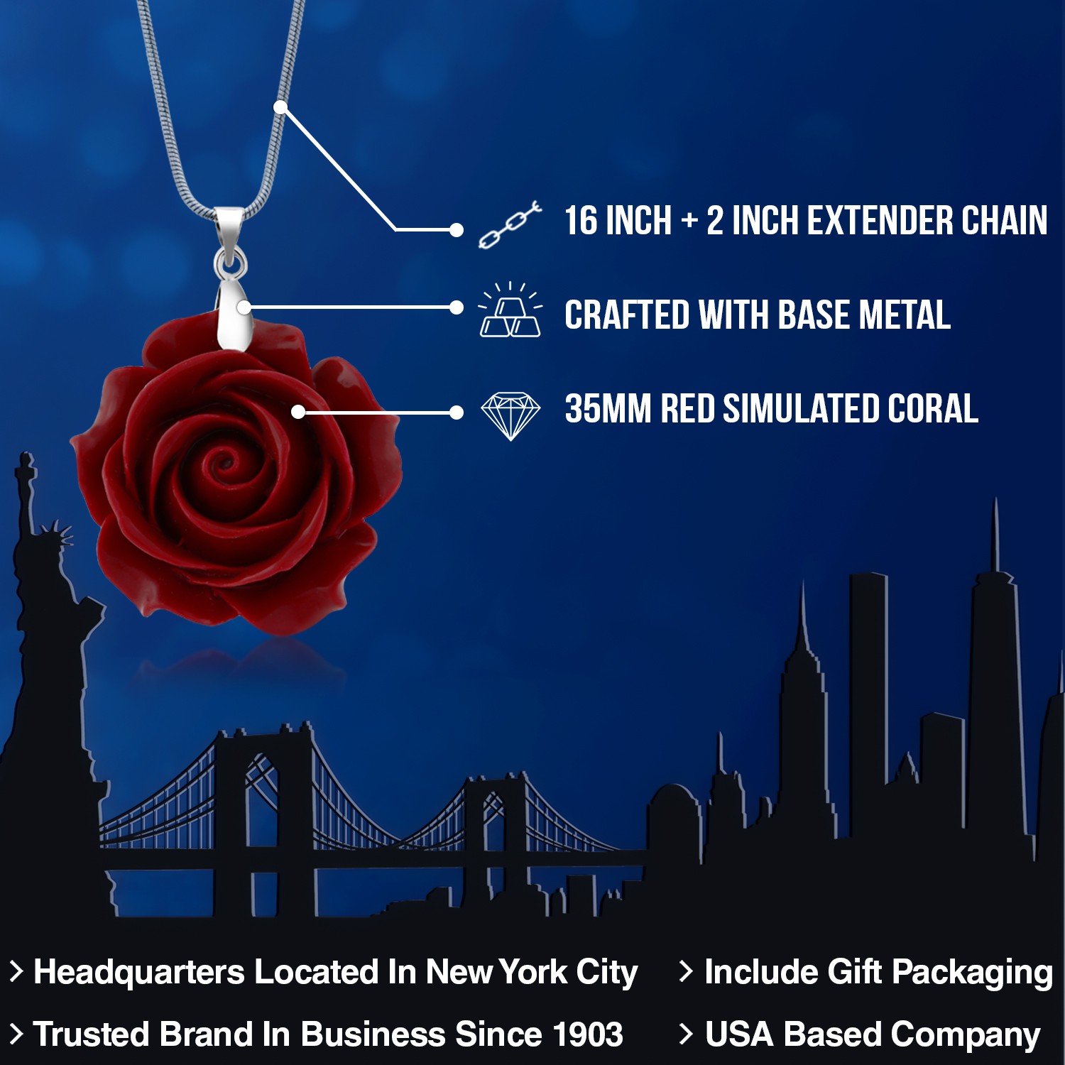 35MM Red Simulated Coral Carved Rose Flower Pendant With 16 Inch + 2 Inch