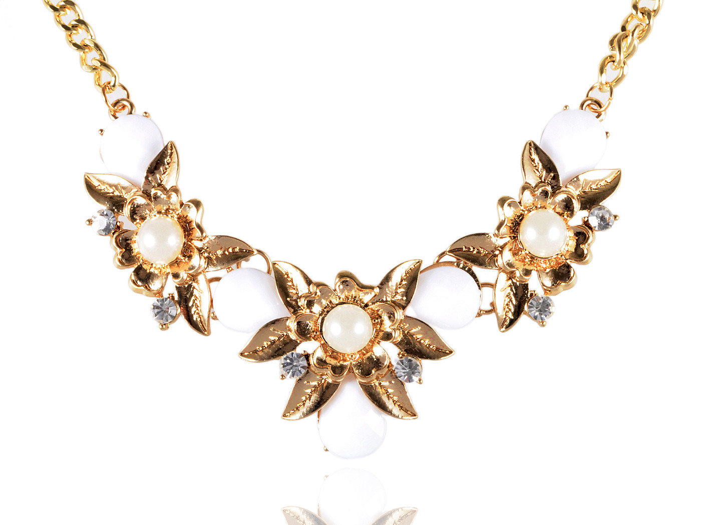 Golden Metal Alloy White Beaded Faux Pearl and Rhinestone Embellished Necklace
