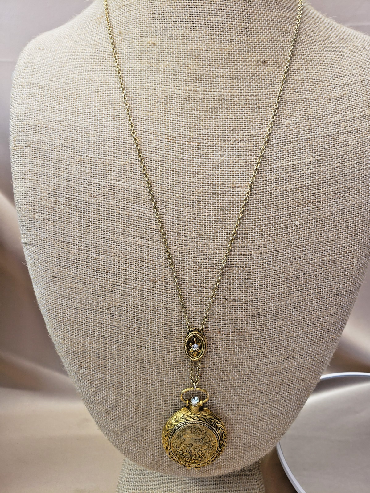 Max Factor Precious Time Gold Tone Solid Perfume Locket Pendant Necklace