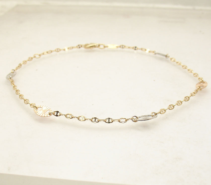 Diamond Cut Mariner Link Ankle Bracelet Anklet Real 14K Tri-Color Gold