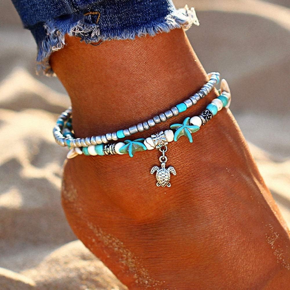 Blue Starfish Turtle Anklet Multilayer Charm Beads Sea Handmade Boho Anklet F…