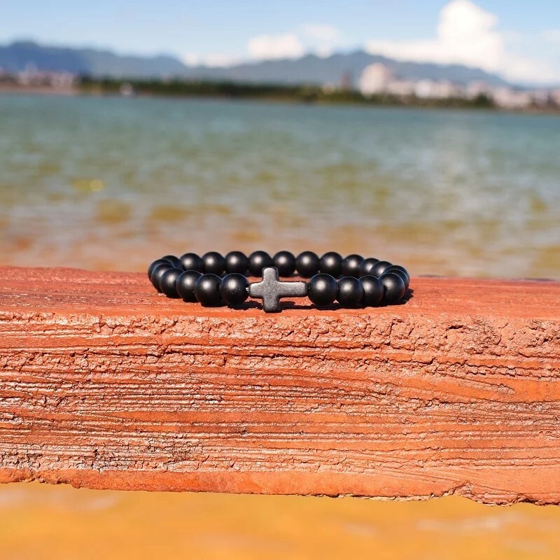 Charm Natural Stone Bracelet Cross Black Lava Matte Beaded Bracelets Handmade