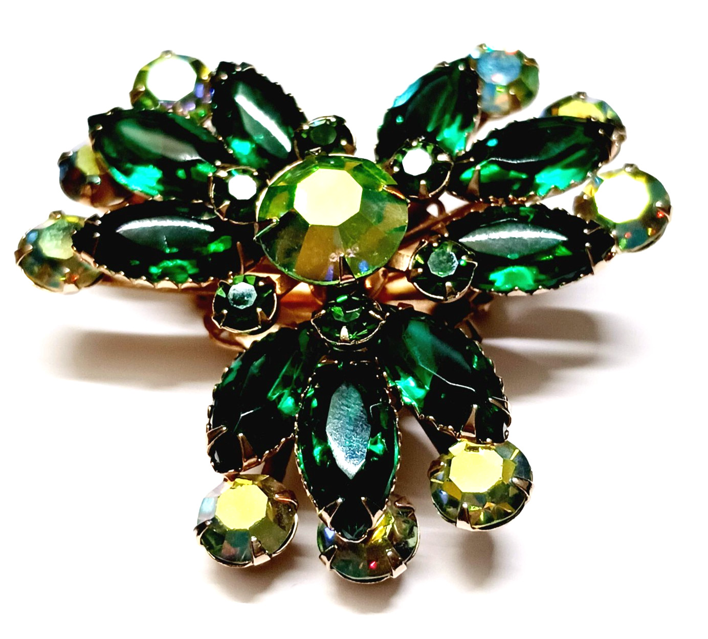Vintage Rhinestone Pin Brooch Green Navette and Aurora Borealis Round Gold Tone