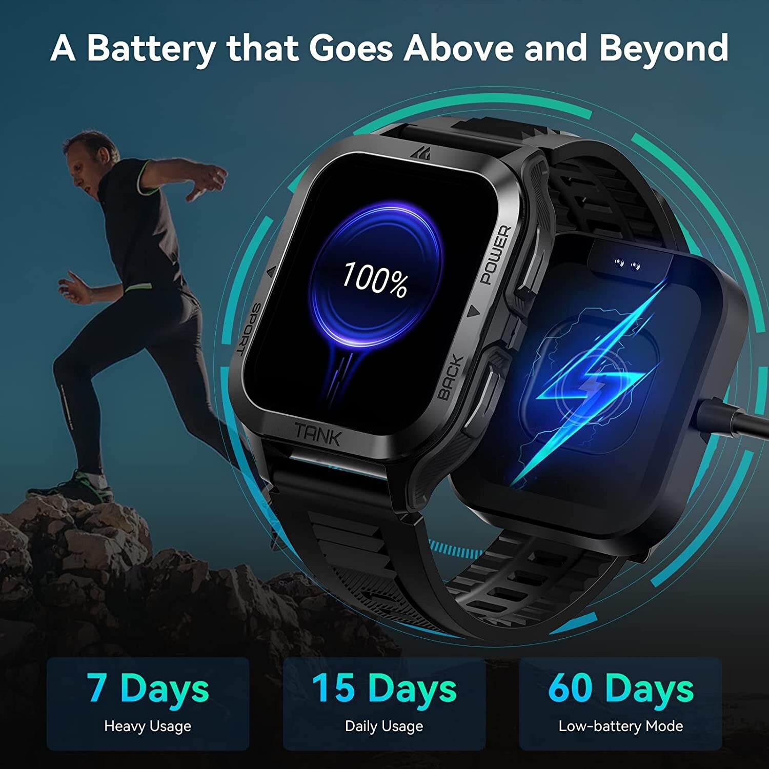 Smart Watch, 60 Days Battery, 50M Waterproof, Rugged Military ,Fitness Tracker