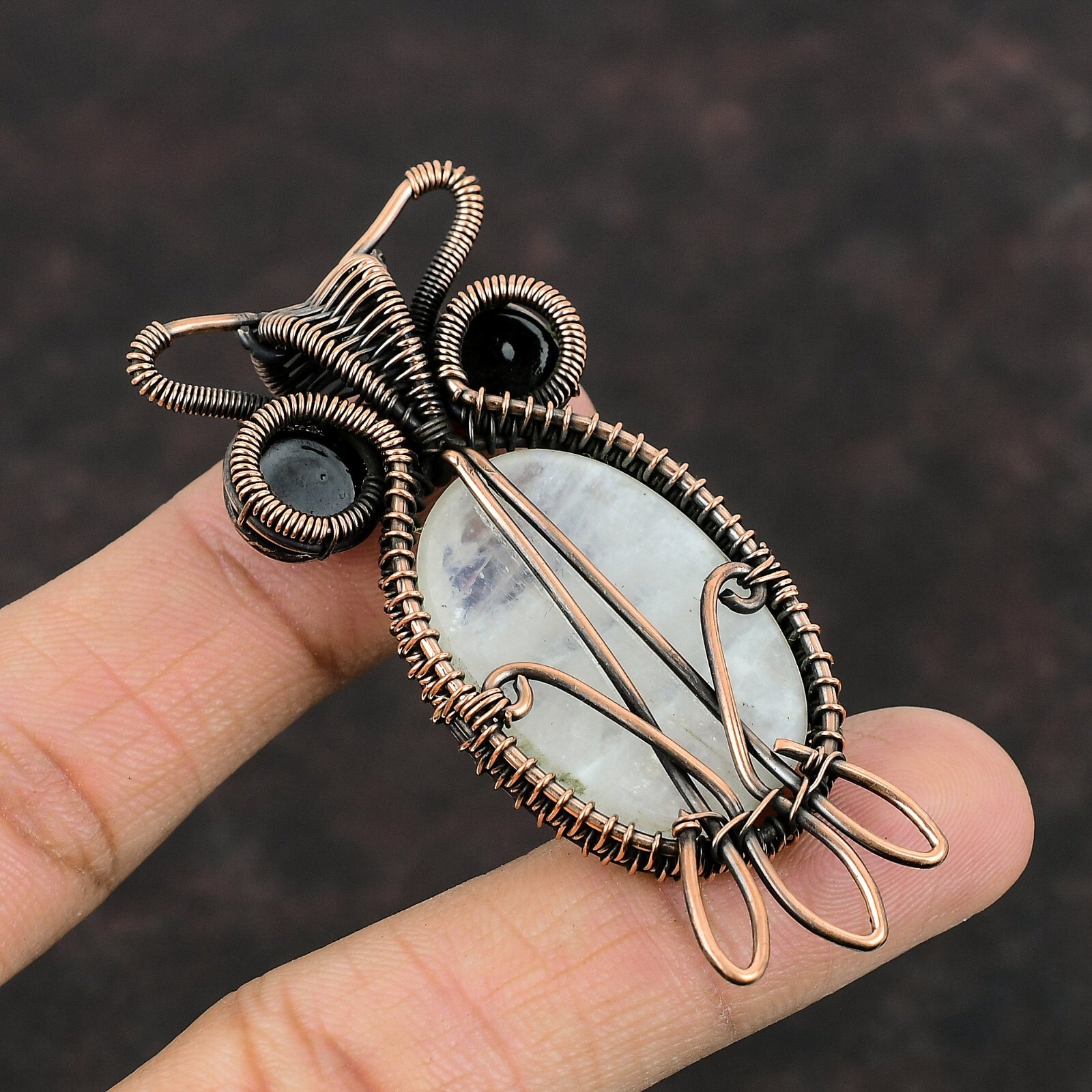 Rainbow Moonstone Wire Wrapped Owl Pendant Handcrafted Copper Ethnic 2.76″