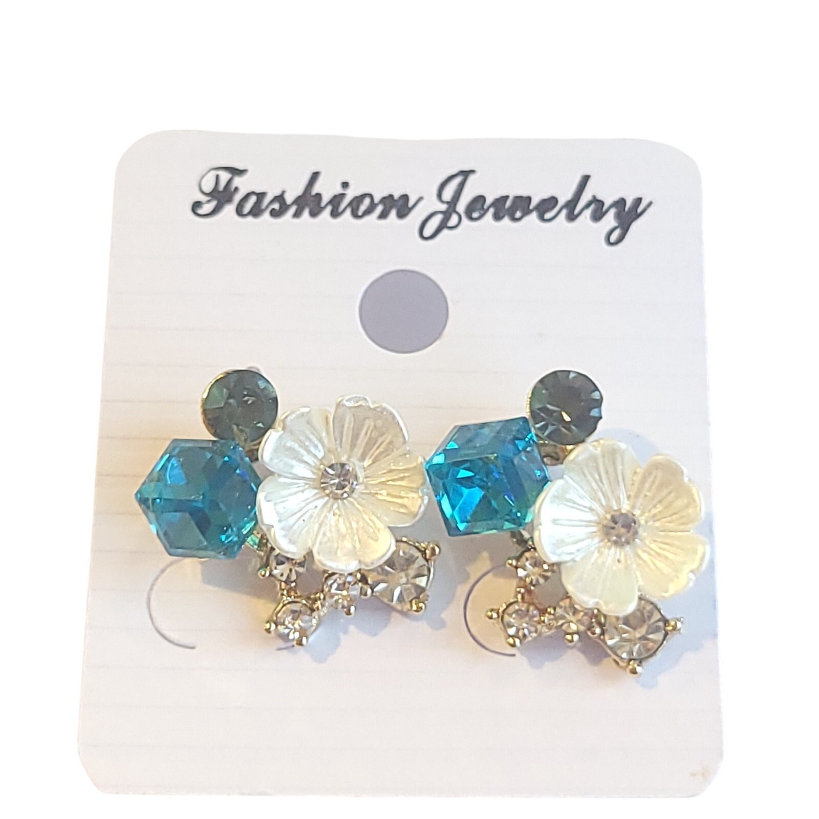 Flower Earring Teal Square Dark Green Rhinestone Jewelry Elegant Stud Gift Bag