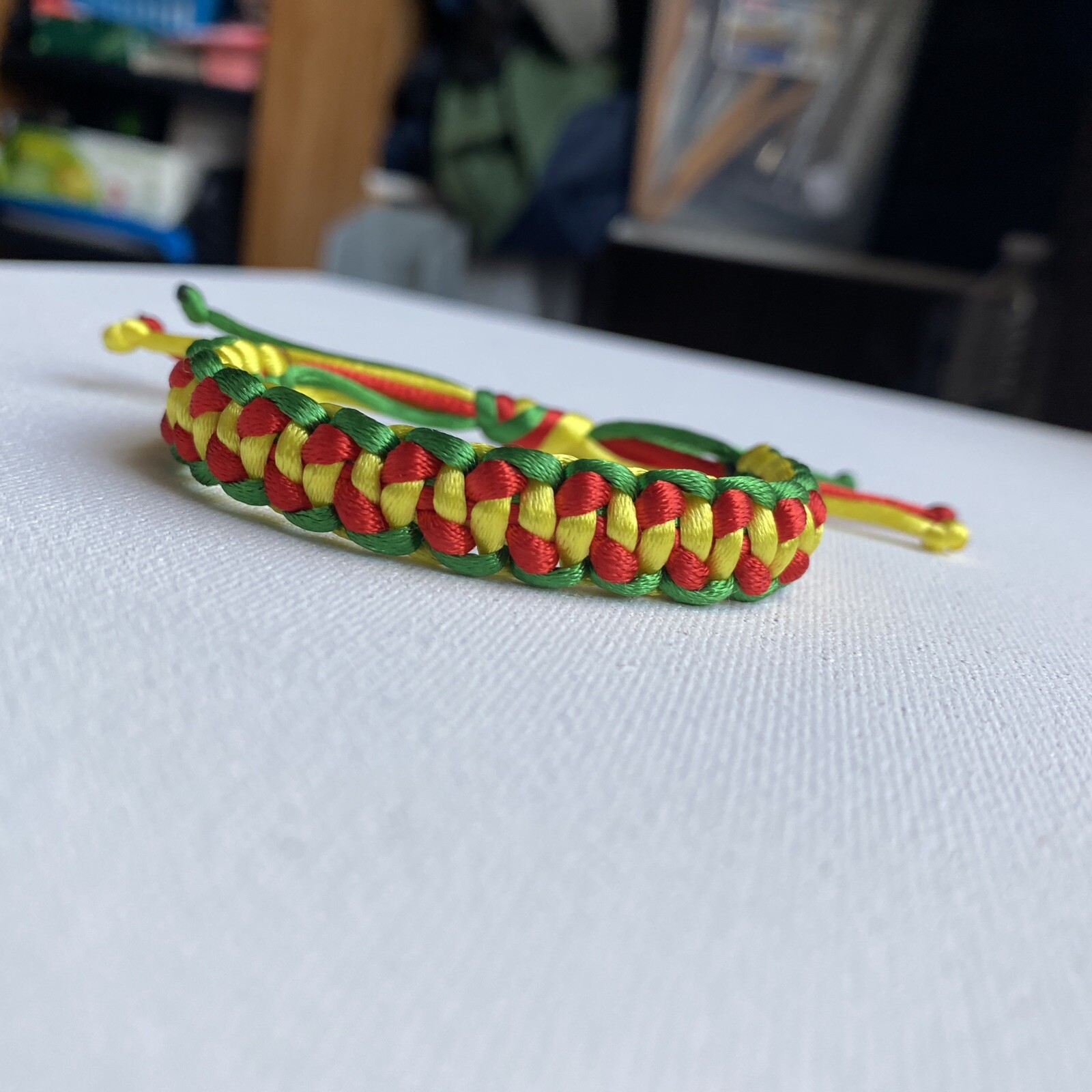 CAMEROON Bracelet GREEN RED YELLOW Satin Rattail Cord Shamballa Nylon Macrame