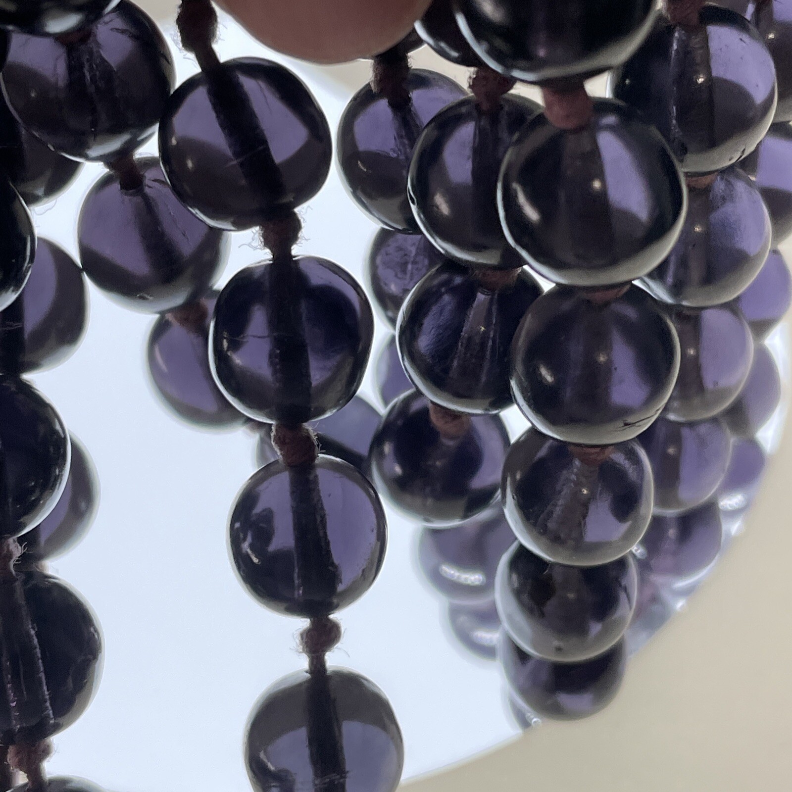 Vintage Deep Purple Chinese Glass Hand Knotted Round Bead Long Necklace 29”