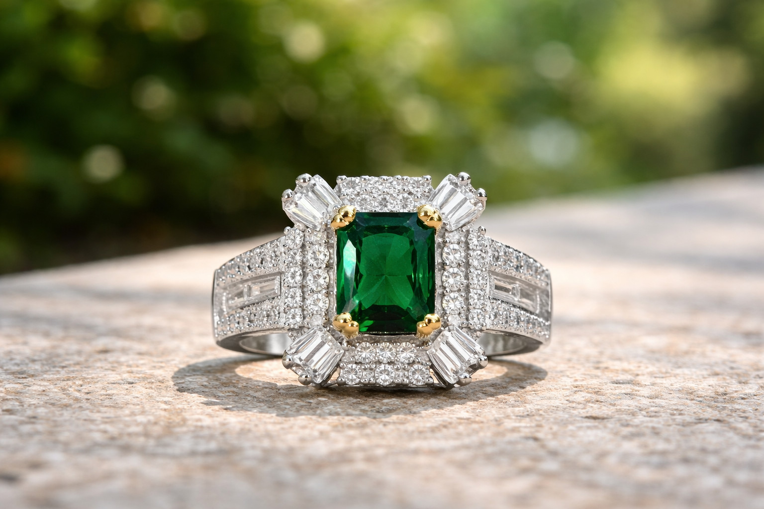 1.60 Ct Emerald Cut Natural Emerald & Diamond Wedding Ring 14k White Gold Sz 7