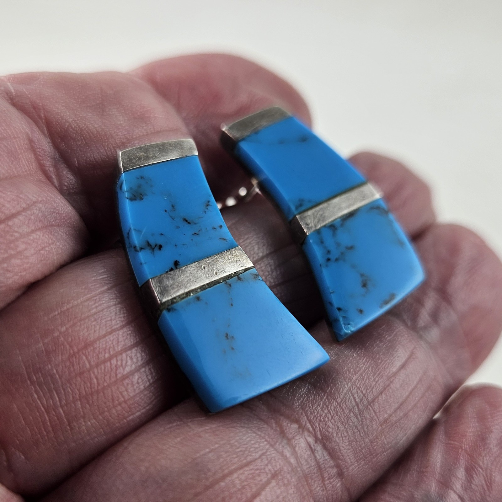 Sterling Silver Earrings Mexican Taxco Turquoise Dangle TR-110 13.0g [9016]