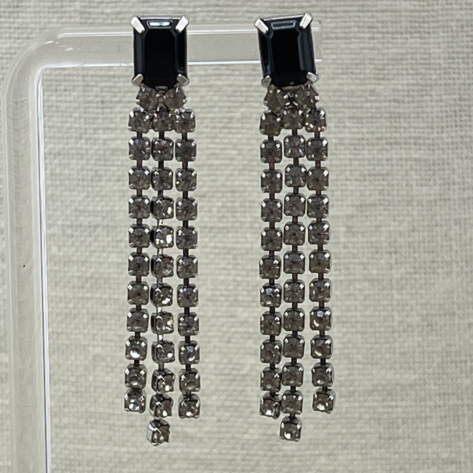 Vintage Rhinestone Black Silver Tone Fringe Stud Earrings Drop Dangle Push Lock