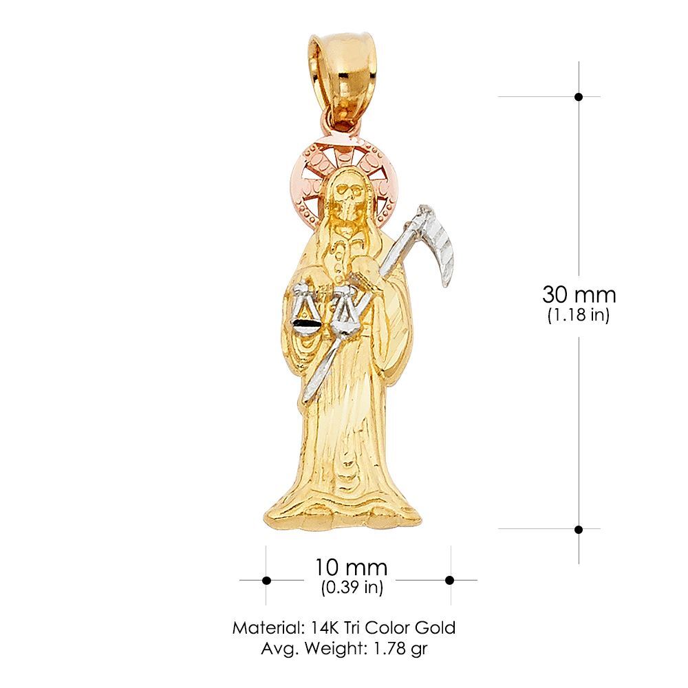 14K Tri Color Gold Grim Reaper Religious Charm Pendant &1.2mm Box Chain Necklace
