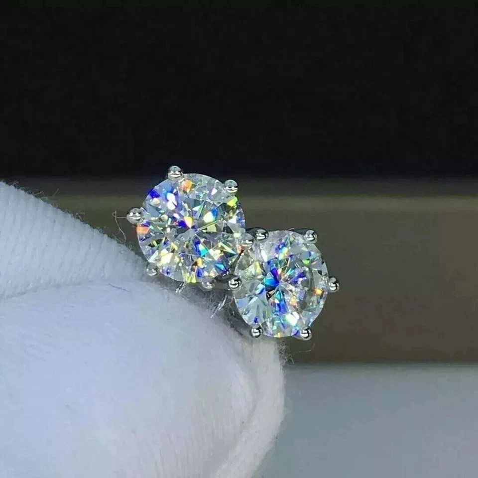 Round Cut Natural Diamond Women’s 6 Prong Set Stud Earrings 14k White Gold