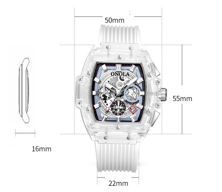 Luminescent men’s watch with transparent case