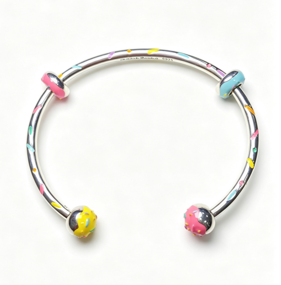 925 Sterling silver donut bangle with 2 stoppers cuff bracelet fit wrist 15-17cm