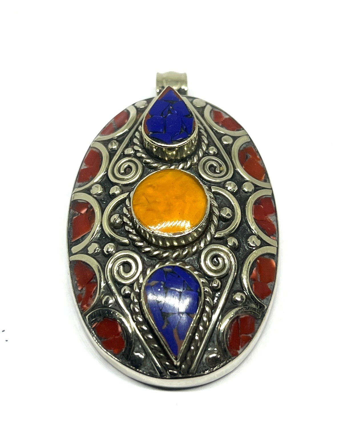 Tibetan Coral Lapis Amber Gemstone Buddhist Statement Pendant Jewelry, 2.2 inch