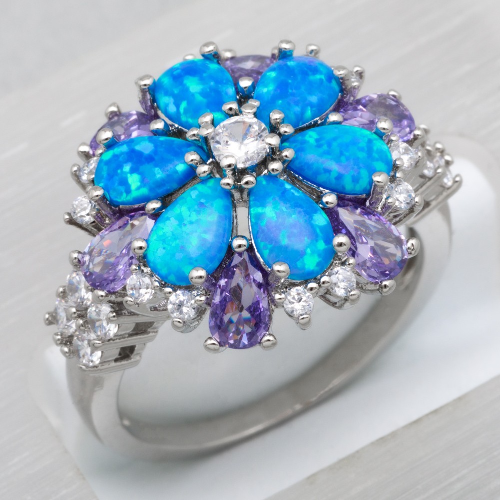 Simulated Amethyst 4×6 Blue Fire Opal CZ Silver Jewelry Cluster Ring Size 7 8 9