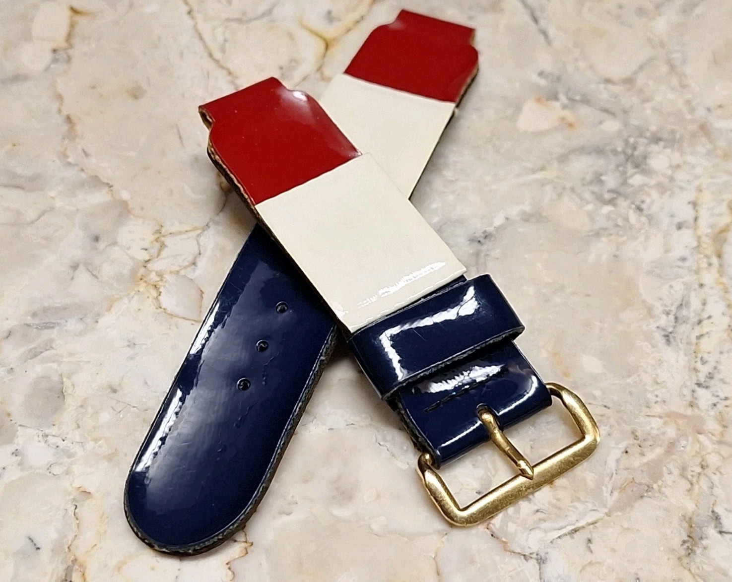 Vintage Tri-color Red White Blue Vinyl on Leather Watch Band Strap 12.3 mm