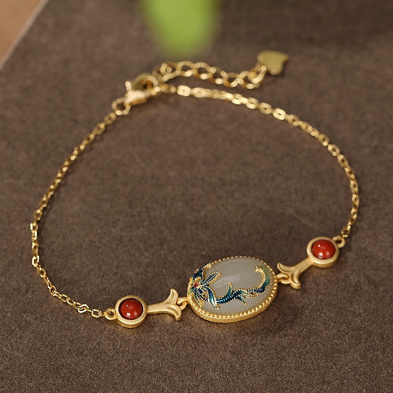 Cloisonne Nephrite Jade Chinese Design Women Jewelry Set Ring Earring Bracelet)
