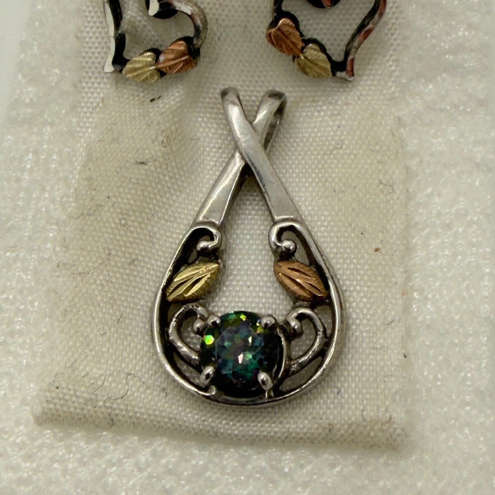 Landstrom’s Black Hills Gold Silver Heart Stud Earrings Mystic Topaz Pendant Set