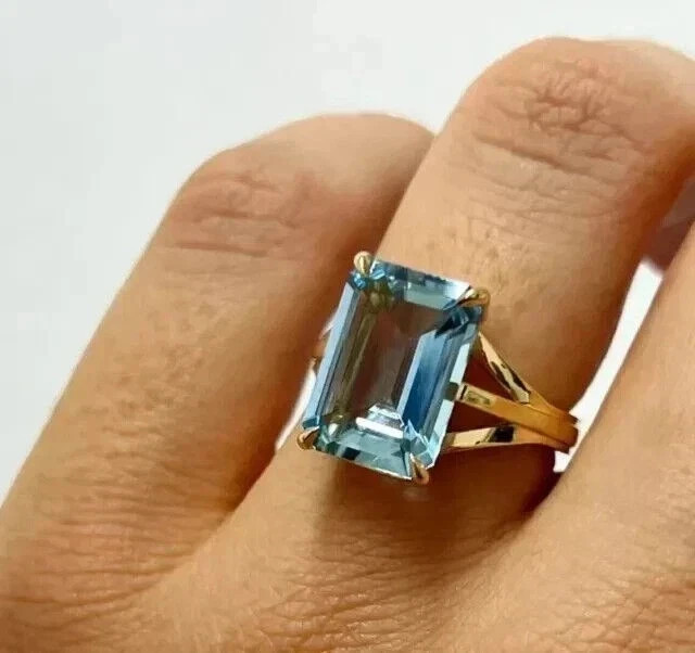 3.55 Ct Emerald Cut Natural Aquamarine Wedding Ring 14K Yellow Gold