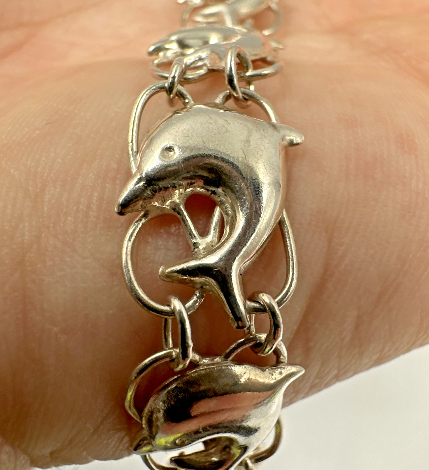 925 Sterling Silver Diving Dolphins Links Bracelet Ball Bell Charm, 7″ 7.71g