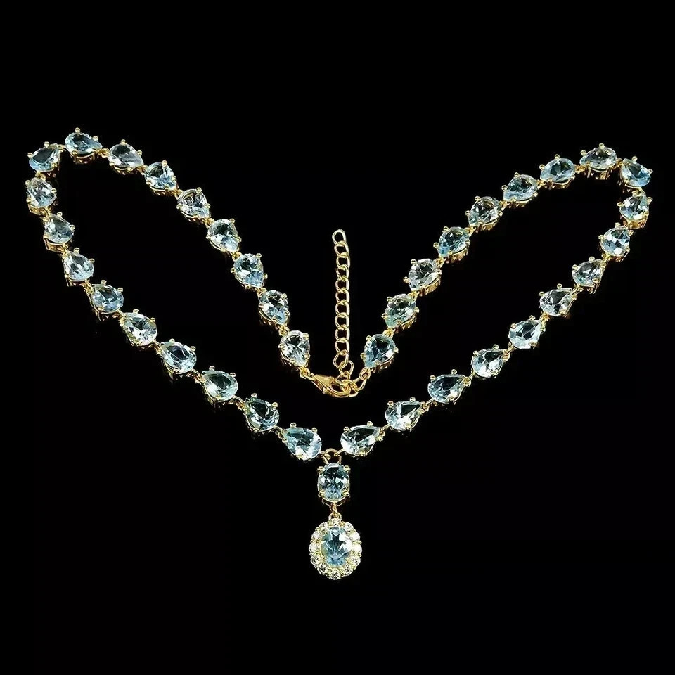 15Ct Oval Lab Created Aquamarine Women’s Tennis Necklace 14k Yellow Gold Finish
