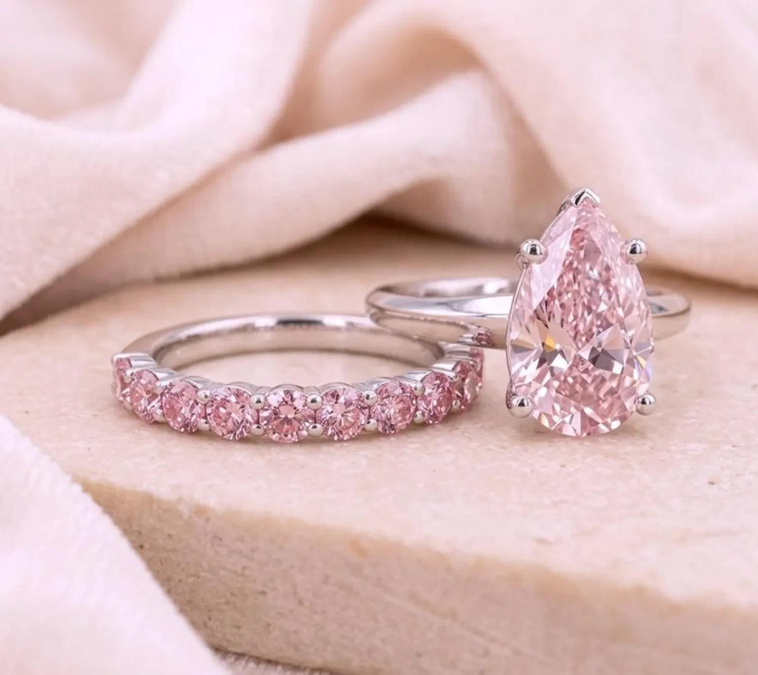 Certified 3 CT Pear Cut Pink Diamond Ring with matching band Ring-Tariffs FREE